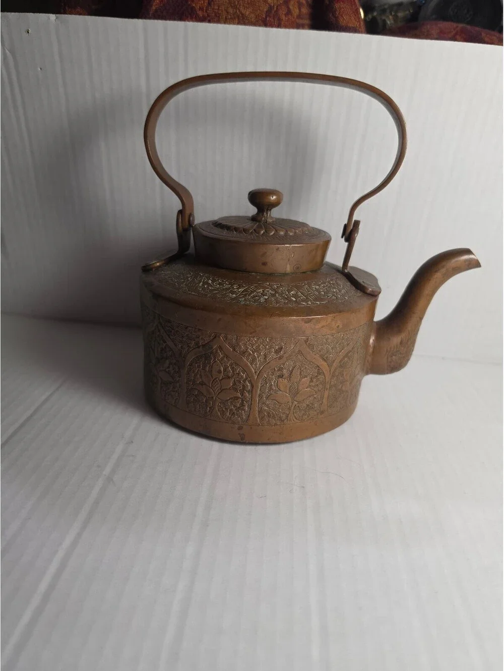 Antique Dovetailed Copper Tea Kettle Hand Engraved Floral Heavy